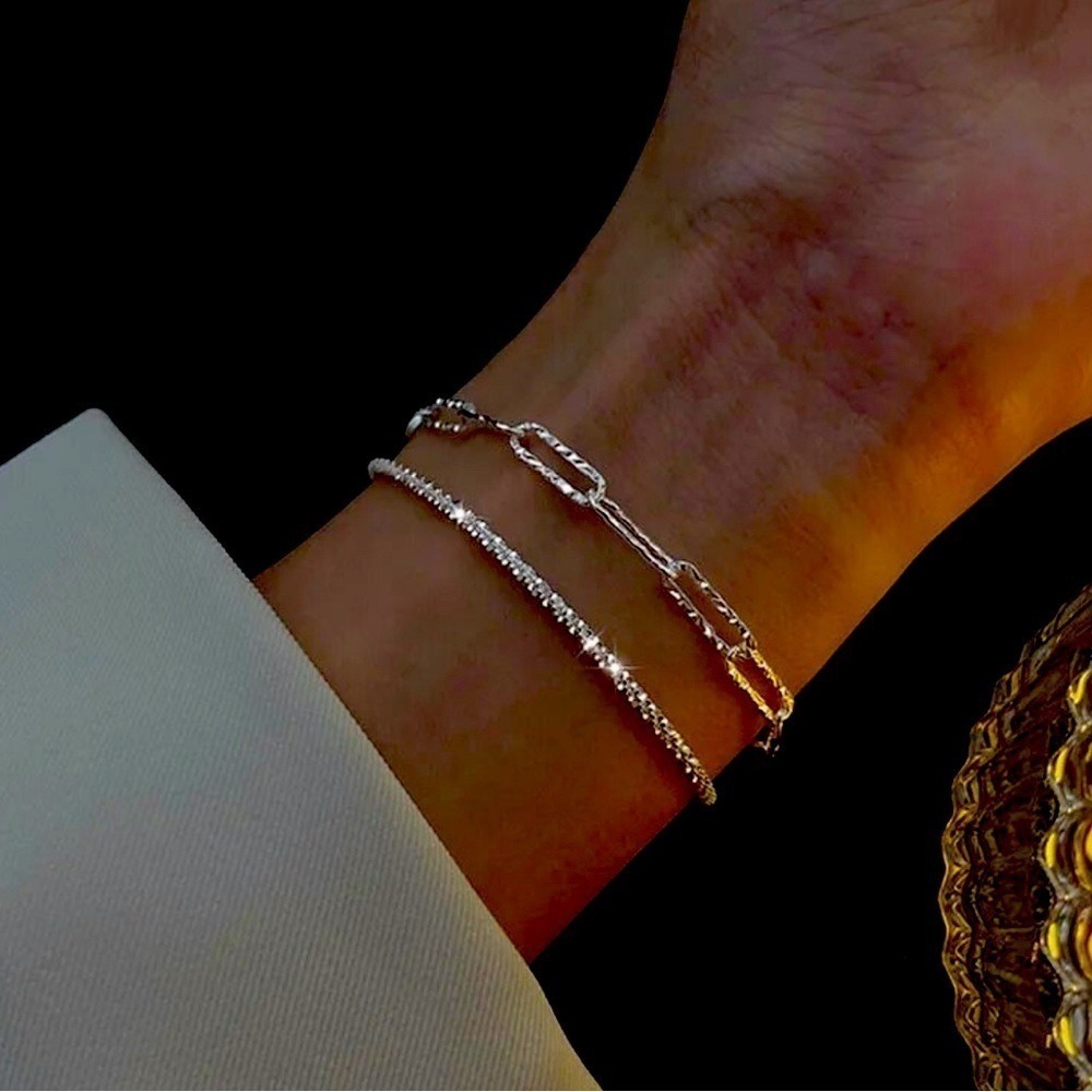 Sterling Silver 925 Textured Paperclip Link Chain Bracelet Adjustable Minimalist